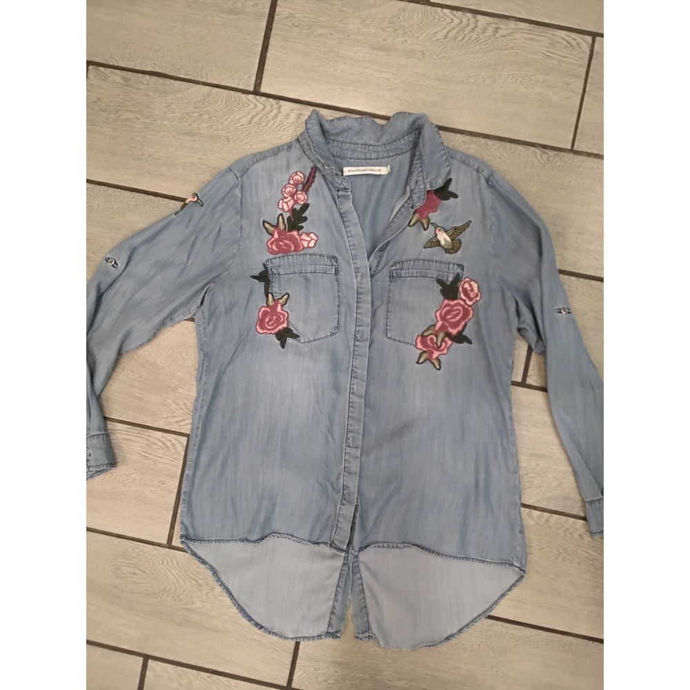 Standard Grace Womens Light Wash Lyocell Floral Embroidered Button Down Shirt L